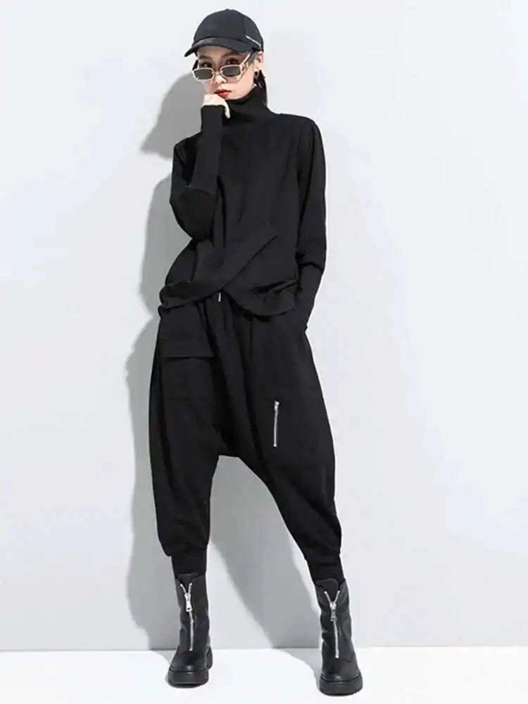 Women Black Irregular Split Joint Big Size T-shirt New Turtleneck Long Sleeve  Fashion Tide Spring Autumn 2025 1DC670