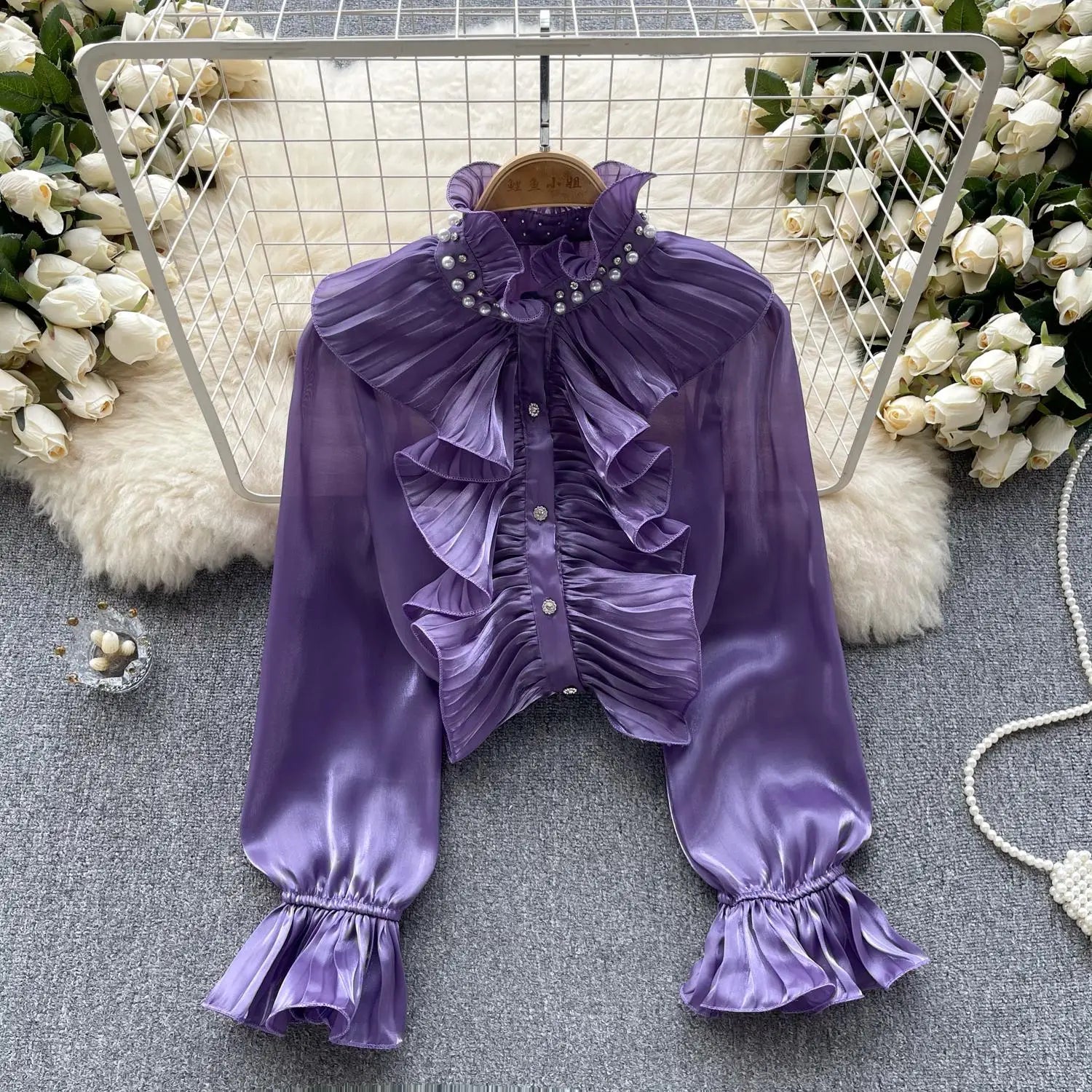 Korean Women Solid Elegant Ruffles Shirt Chic Long Sleeve Lace Ruffles Stand Collar Casual Loose Blouses Tops Autumn Vintage Y2k