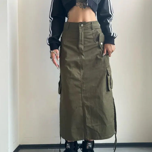 Load image into Gallery viewer, Fashion Long Cargo Skirt Women Y2k Streetwear Vintage Pocket High Waist Side Split Shirring Casual Straight Midi Skirt Korean

