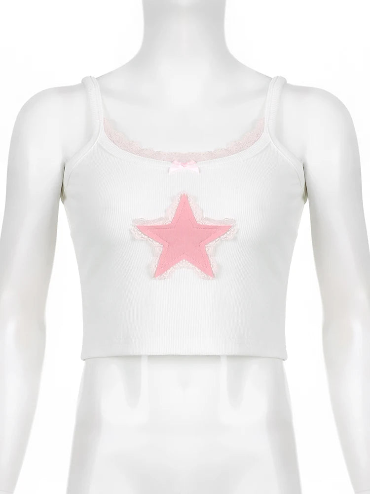 Sweet Chic Cute Strap Mini Camis Tops Star Patched Lace Trim Summer Crop Top Female Korean Style Slim Y2K Retro Tees