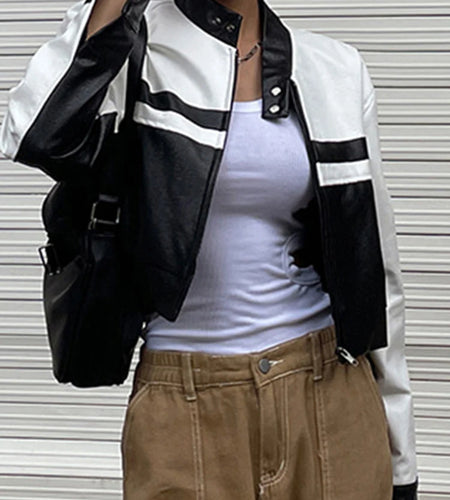Streetwear Chic Autumn Winter PU Leather Jacket Women Zipper Coat Black White Patchwork Motorcycle Jacket Y2K Outwear
