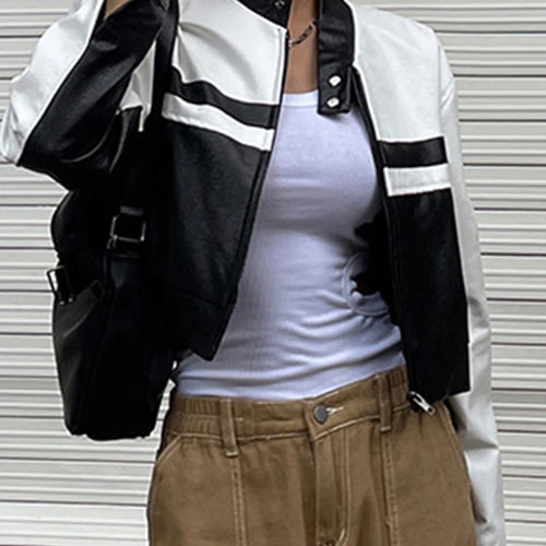 Load image into Gallery viewer, Streetwear Chic Autumn Winter PU Leather Jacket Women Zipper Coat Black White Patchwork Motorcycle Jacket Y2K Outwear
