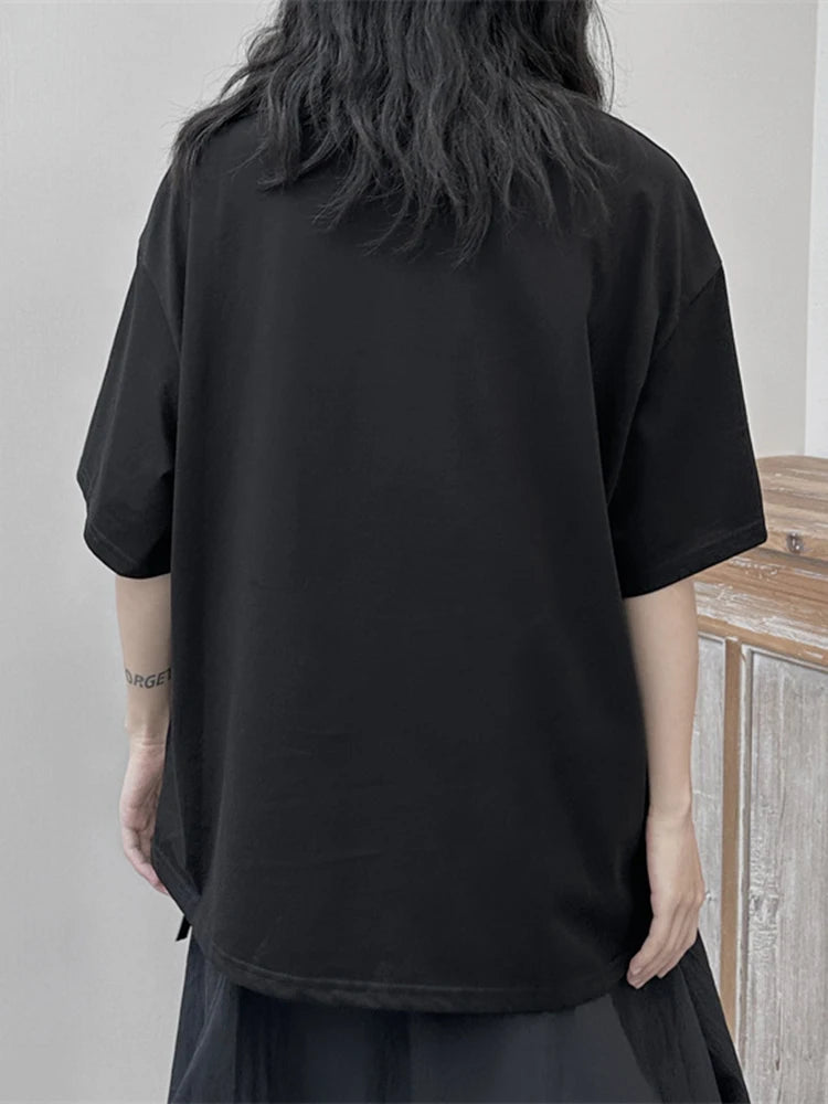 Women Black Flower Ruffles Big Size Irregular T-shirt New Round Neck Short Sleeve Fashion Tide Spring Summer 2025 1DF9643