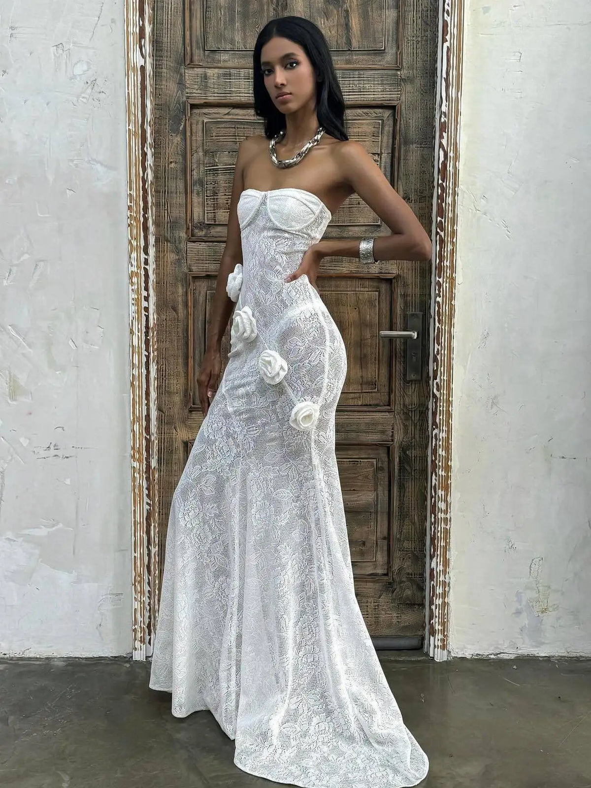 Elegant Lace Patchwork Bodycon Party Evening Dress Women Sexy Strapless 3D Flower Slim Backless Dress Autumn/winter 2025