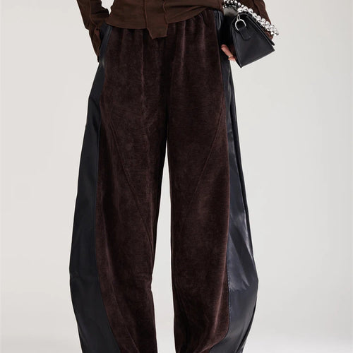 Load image into Gallery viewer, High Elastic Waist Coffee Pu Leather Spliced Wide Leg Pants New Trousers Women Fashion Tide Spring Autumn 2025 1DH8028
