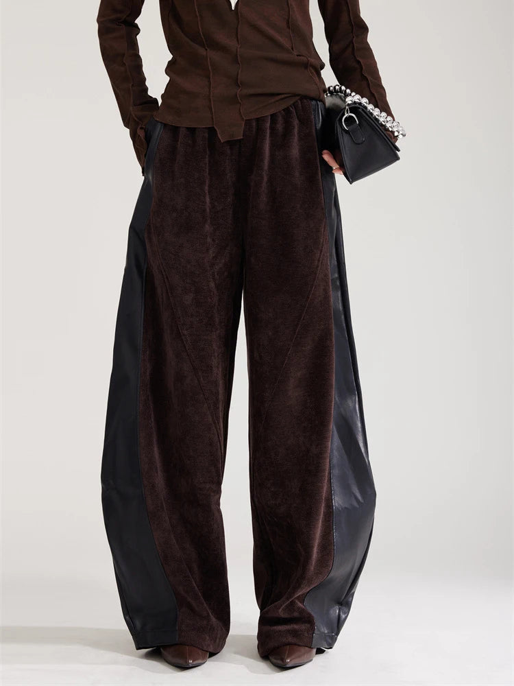 High Elastic Waist Coffee Pu Leather Spliced Wide Leg Pants New Trousers Women Fashion Tide Spring Autumn 2025 1DH8028