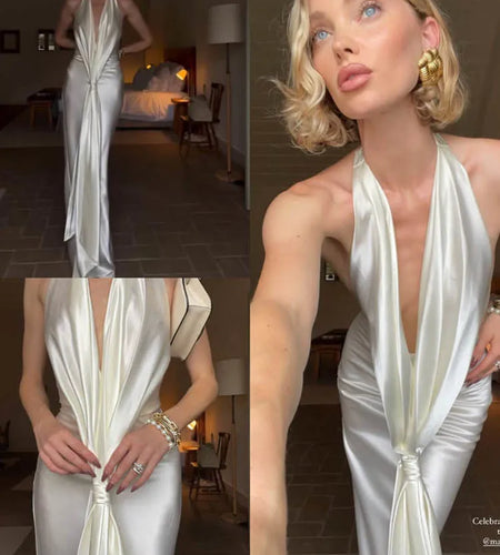 Satin Deep V Neck Backless Sexy Maxi Dress Women Elegant Halter Sleeveless Lace-up High Waist Draped Ruched Long Dress