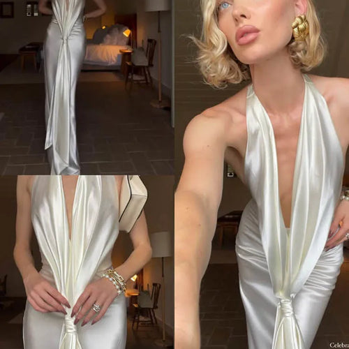 Load image into Gallery viewer, Satin Deep V Neck Backless Sexy Maxi Dress Women Elegant Halter Sleeveless Lace-up High Waist Draped Ruched Long Dress

