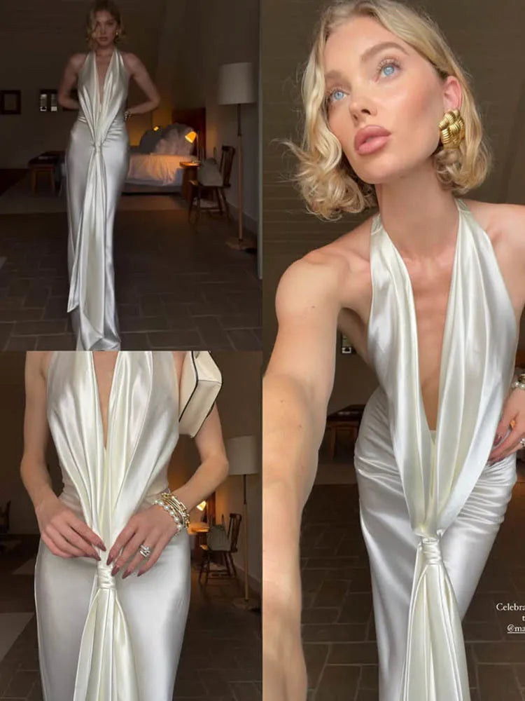 Satin Deep V Neck Backless Sexy Maxi Dress Women Elegant Halter Sleeveless Lace-up High Waist Draped Ruched Long Dress