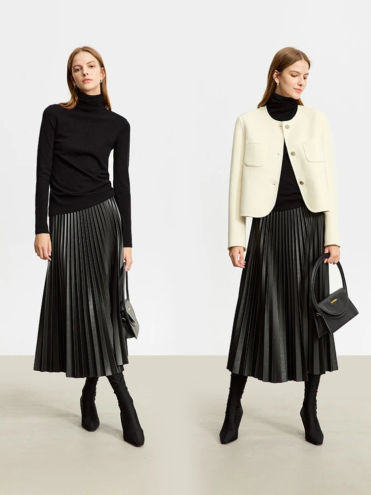 Minimalist Retro Fashion Women Skirts 2024 Winter New A-line Pleated PU Simple Office Lady Leather Skirt Female 12323021