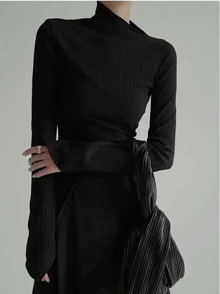 Black Irregular High Elastic Knitting Sweater Turtleneck Long Sleeve Women Pullovers New Fashion Spring Autumn 2025 1DF490