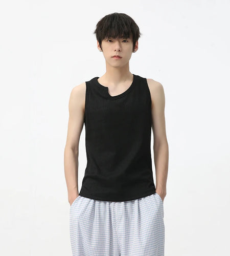 Men's Sleeveless Bottom Tank Top Simple Solid Color Irregular Neckline Trend Fashion Loose Casual Male Vest 9C5622