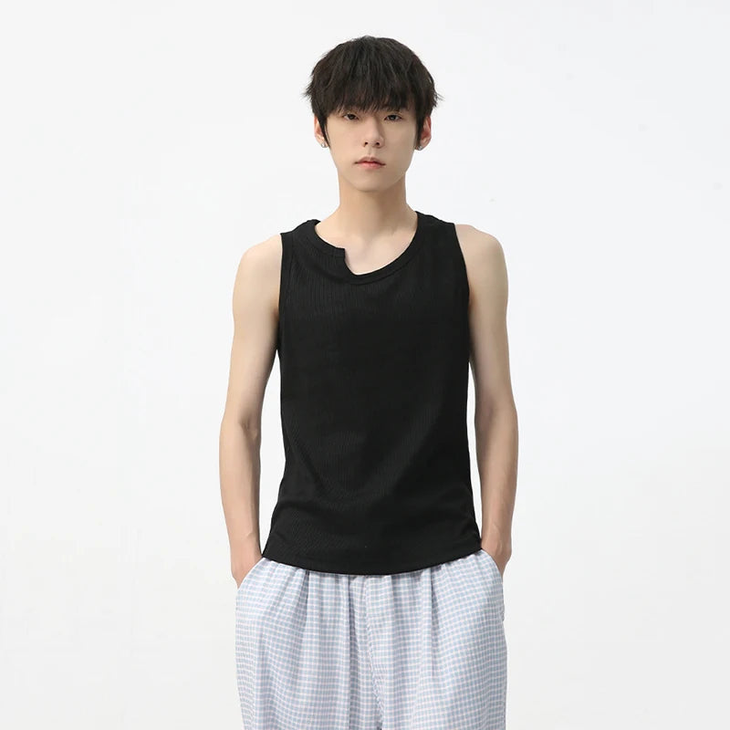 Men's Sleeveless Bottom Tank Top Simple Solid Color Irregular Neckline Trend Fashion Loose Casual Male Vest 9C5622