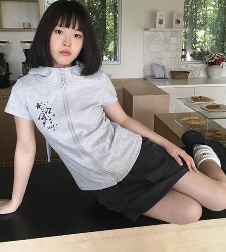 Kawaii Rabbit Ear Zipper T-shirts Y2k Aesthetic Slim Streetwear Korean Fashion Tees Short Sleeve Fairy Harajuku Hoody Top Women
