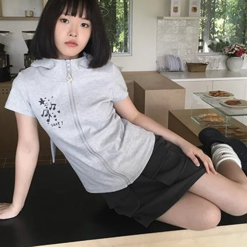 Load image into Gallery viewer, Kawaii Rabbit Ear Zipper T-shirts Y2k Aesthetic Slim Streetwear Korean Fashion Tees Short Sleeve Fairy Harajuku Hoody Top Women
