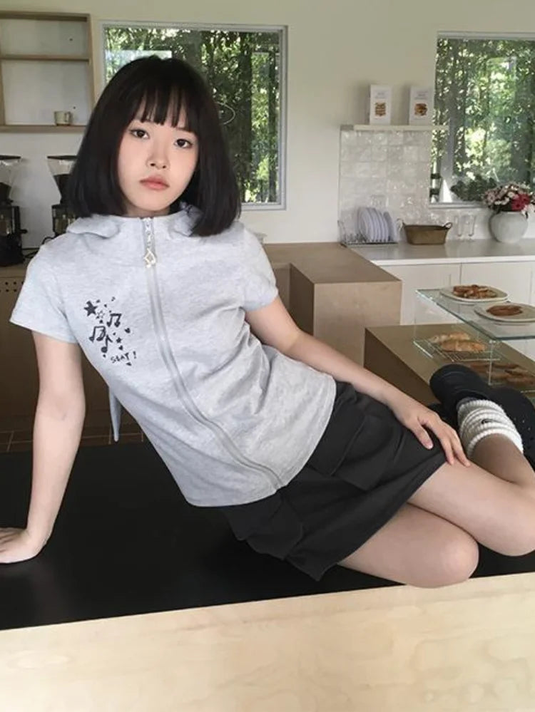 Kawaii Rabbit Ear Zipper T-shirts Y2k Aesthetic Slim Streetwear Korean Fashion Tees Short Sleeve Fairy Harajuku Hoody Top Women