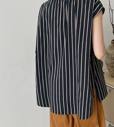 Women Black Striped Big Size Elegant Blouse New Stand Collar Sleeveless Shirt Fashion Tide Spring Summer  2025 1DJ1185