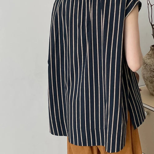 Load image into Gallery viewer, Women Black Striped Big Size Elegant Blouse New Stand Collar Sleeveless Shirt Fashion Tide Spring Summer  2025 1DJ1185

