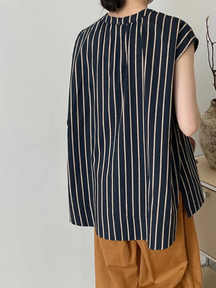 Women Black Striped Big Size Elegant Blouse New Stand Collar Sleeveless Shirt Fashion Tide Spring Summer  2025 1DJ1185