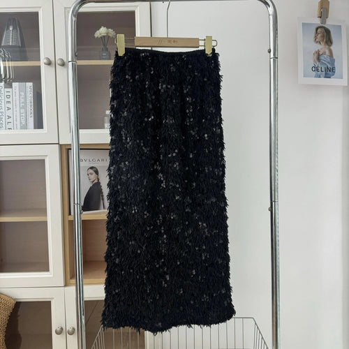 Load image into Gallery viewer, Women Beige Sequins Feather Tassels High Waist Sexy Skirt Fashion Vintage Luxury Black Straight Skirt Spring Autumn Clothing Y2k
