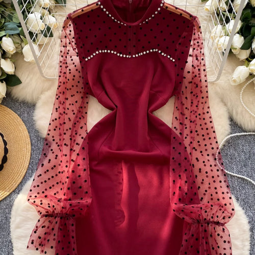 Load image into Gallery viewer, Korean Women Black White Patchwork Mesh Elegant Long Sleeved Office Short Dress Spring Red Polka Dot Round Neck Slim Party Dress
