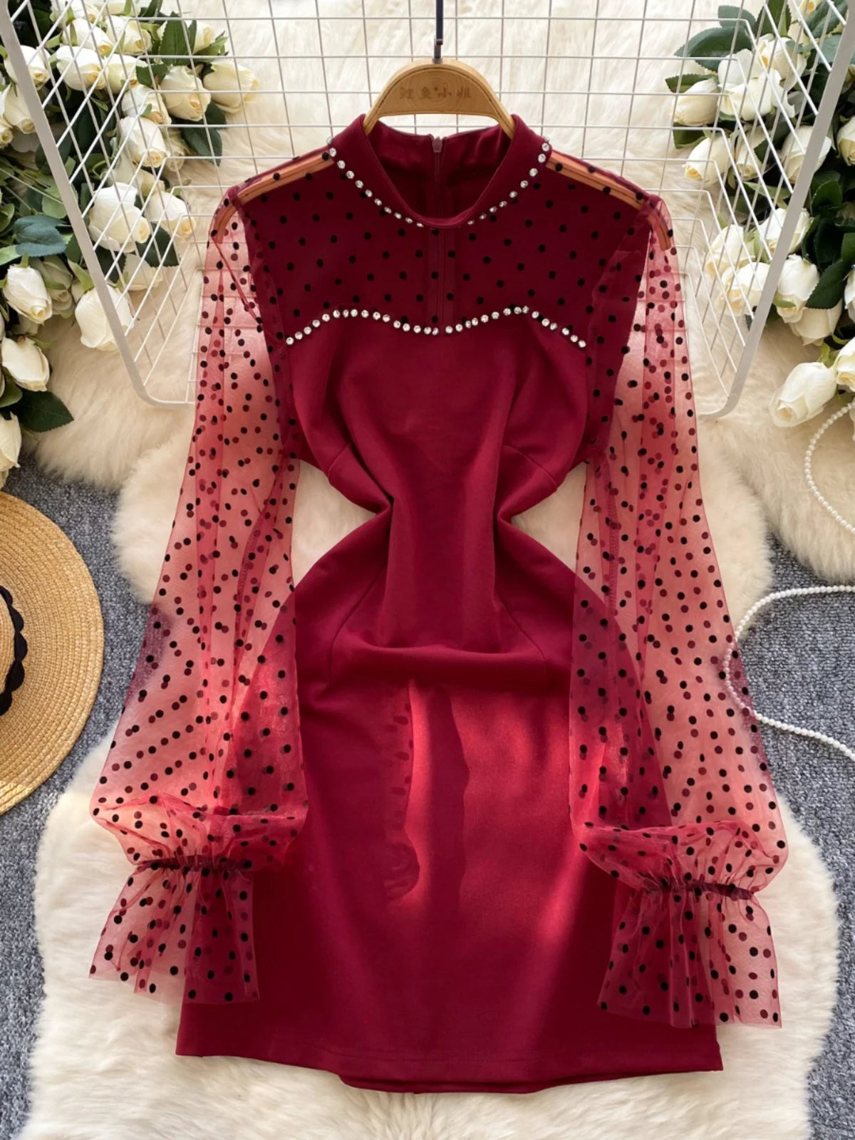 Korean Women Black White Patchwork Mesh Elegant Long Sleeved Office Short Dress Spring Red Polka Dot Round Neck Slim Party Dress