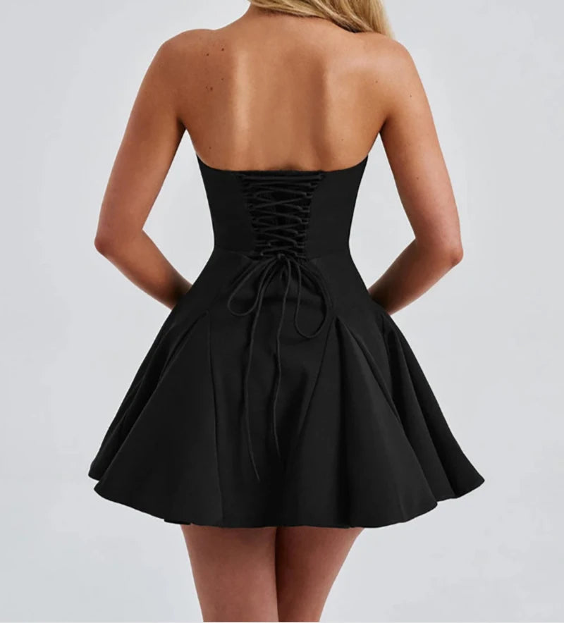 Bow Strapless Backless Sexy Mini Dress For Women Robe Fashion Solid Off-shoulder Sleeveless A-line Club Dress Vestido
