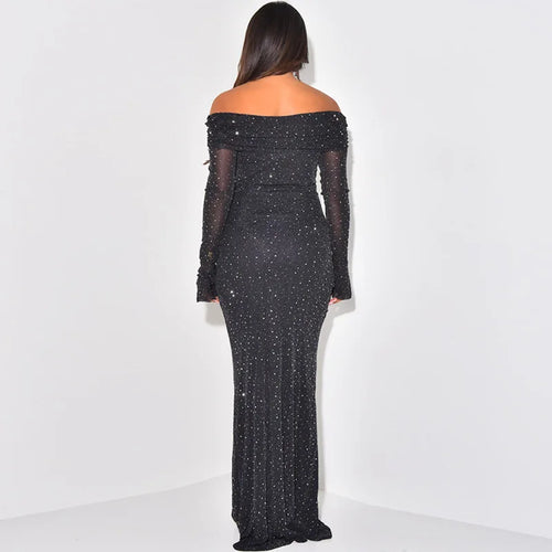 Load image into Gallery viewer, Glitter Off-shoulder Sexy Maxi Dress For Women Gown Black Strapless Long Sleeve Bodycon Club Party Sparkle Long Dress
