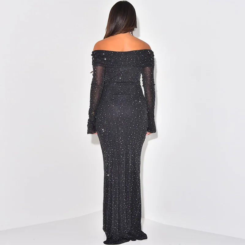 Glitter Off-shoulder Sexy Maxi Dress For Women Gown Black Strapless Long Sleeve Bodycon Club Party Sparkle Long Dress