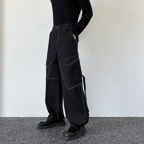 Load image into Gallery viewer, Men&#39;s Trousers Autumn Personalized Loose Pocket Open Thread Straight Leg Wide Leg Cargo Pants Adjustable Drawstring 9C3223
