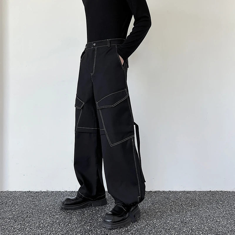 Men's Trousers Autumn Personalized Loose Pocket Open Thread Straight Leg Wide Leg Cargo Pants Adjustable Drawstring 9C3223