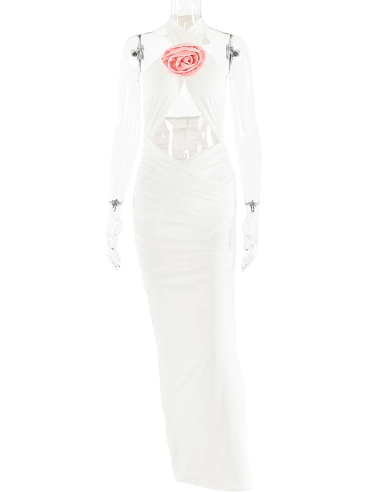 Sexy 3D Flower Hollow Out Backless Women's Dress Zipper Female Sleeveless Bodycon Maxi Dress Party Club Evening Dress