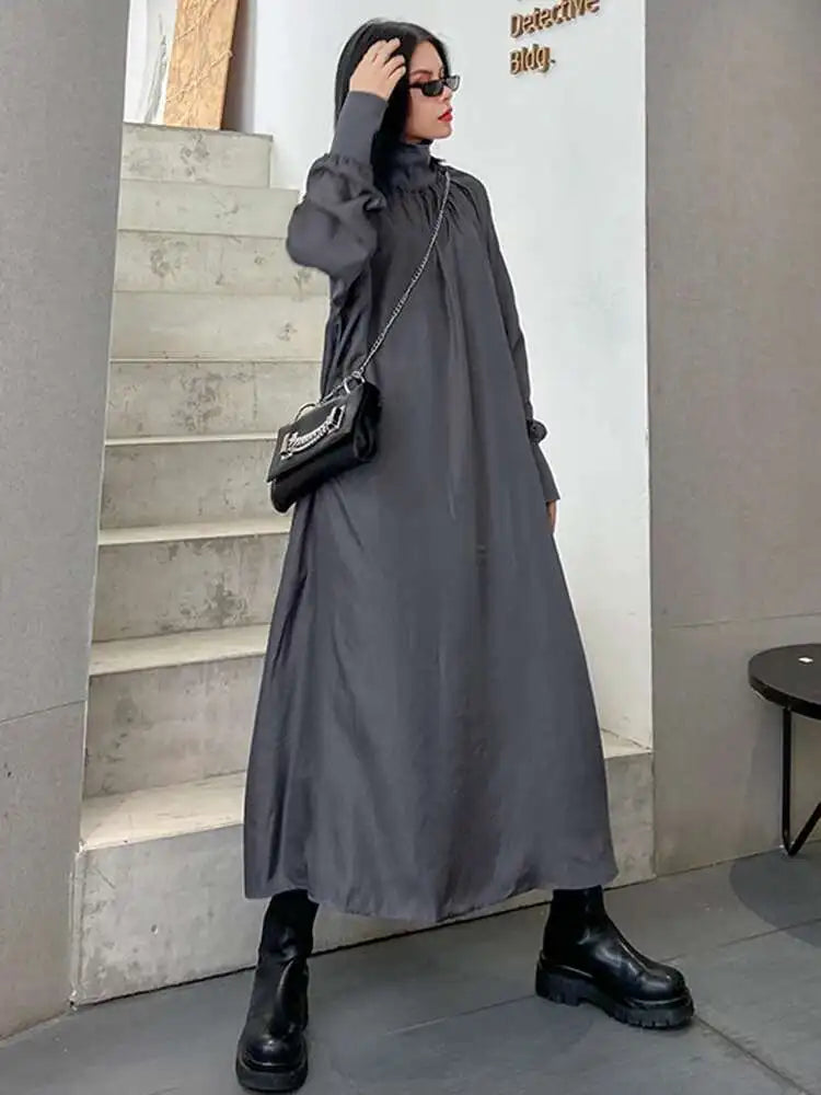Women Gray Brief Long Big Size Elegant Dress New Turtleneck Long Sleeve Loose Fit Fashion Tide Spring Autumn 2025 1DH0252