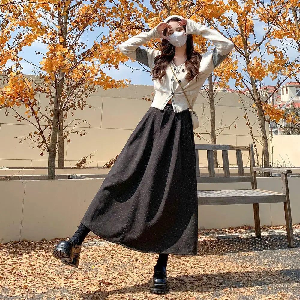 French Vintage Women Polka Dot Elegant High Waist Party Long Skirts 2024 Autumn Winter Woolen A-line Pleated Half Skirt Fashion