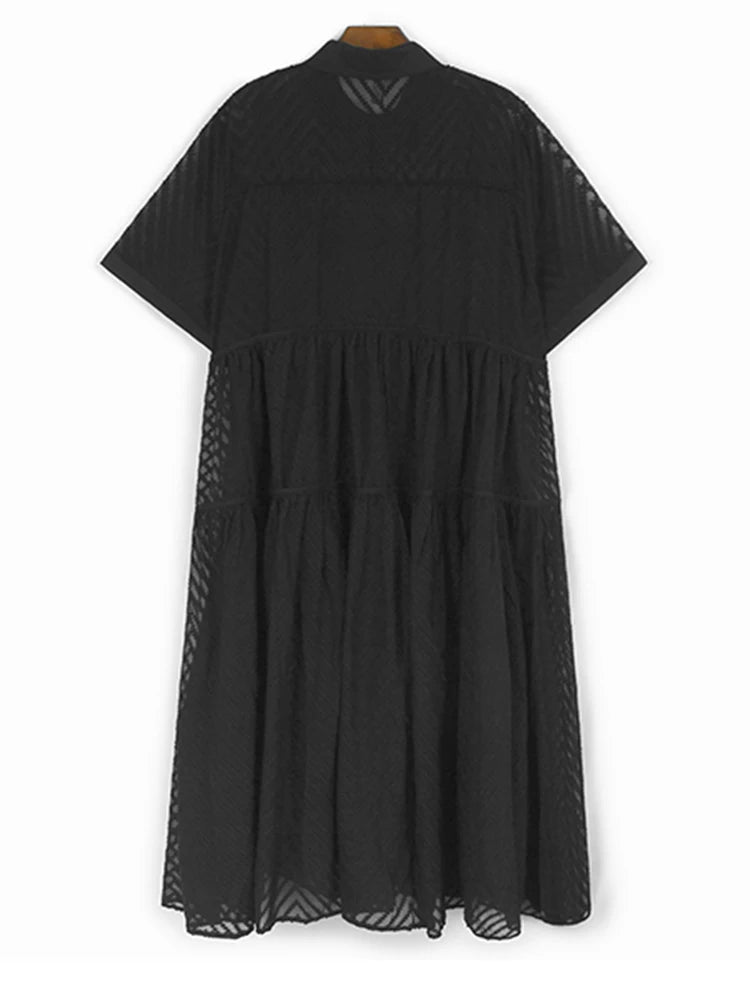 Women Blue Grid Hollow Out Big Size Midi Shirt Dress New Lapel Short Sleeve Fashion Tide Spring Summer 2025 1DJ1208