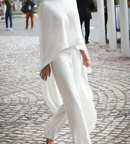 Women's White Two Pieces Set 2024 Autumn High-Neck High-Low Loose Tops & Wide Leg Pants Suits Streewear Black