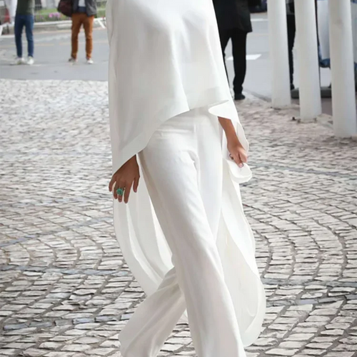 Load image into Gallery viewer, Women&#39;s White Two Pieces Set 2024 Autumn High-Neck High-Low Loose Tops &amp; Wide Leg Pants Suits Streewear Black
