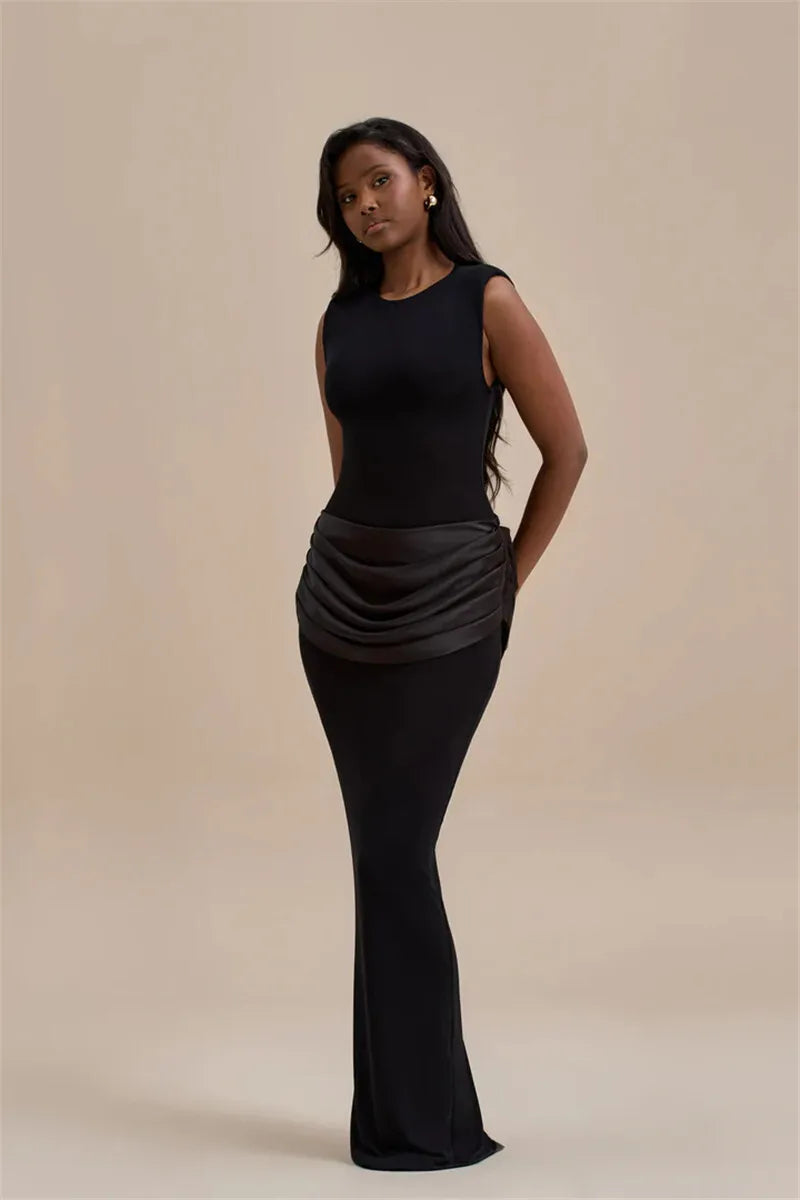 Sleeveless Ruched Sexy Maxi Dress For Women Gown Fashion Black O Neck High Waist Bodycon Club Party Long Dress Vestido