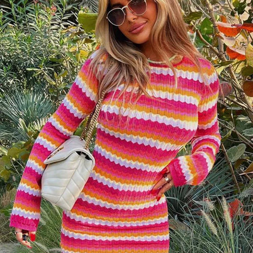 Load image into Gallery viewer, Striped Sexy Beach Backless Knitted Dress Knit Holiday Vacation Y2k Long Sleeve Mini Short Dresses Summer Sundress
