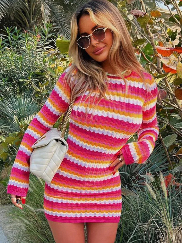 Striped Sexy Beach Backless Knitted Dress Knit Holiday Vacation Y2k Long Sleeve Mini Short Dresses Summer Sundress