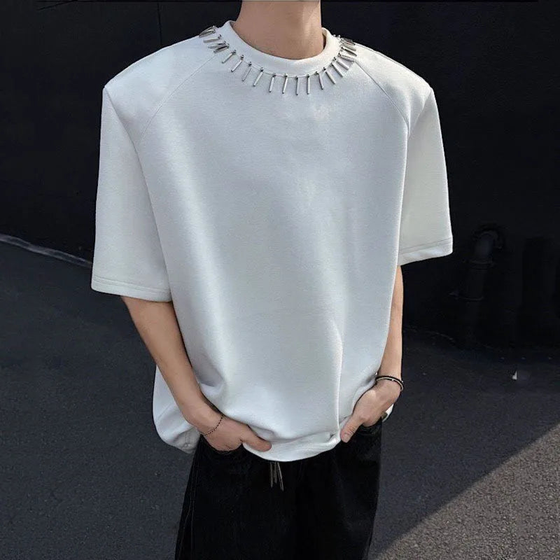 Summer Men's T-shirts Short Sleeve Round Collar Trendy Metal Decoration Loose Pad Shoulder Fashion Male Clothing 9W1710