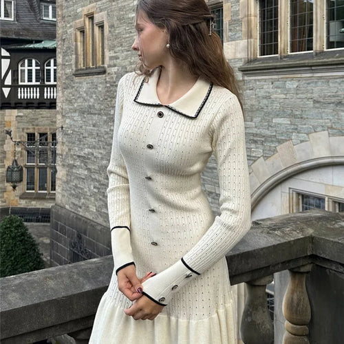 Load image into Gallery viewer, Autumn Long Sleeve Knit Dress For Women Fashion Lapel Single-btrasted Button High Waist Ruffled Mini Dress Knitwear
