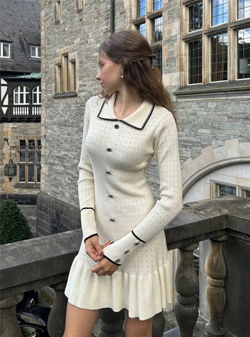 Autumn Long Sleeve Knit Dress For Women Fashion Lapel Single-btrasted Button High Waist Ruffled Mini Dress Knitwear