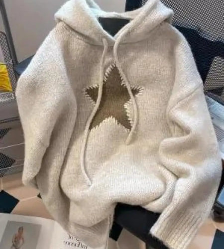 Korean Version Beige Gray Patchwork Drawstring Hoodie Sweater For Women Autumn Winter Thick Long Sleeved Knitted Pullover Tops