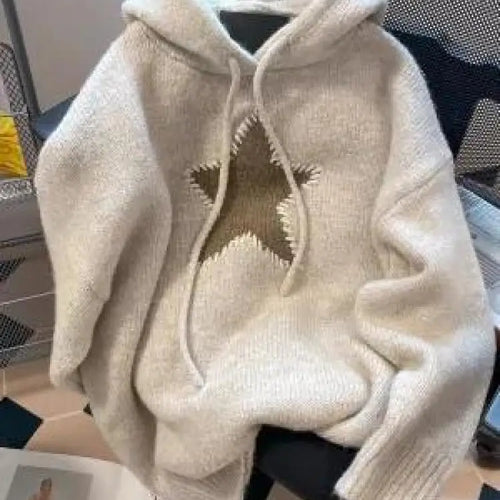 Load image into Gallery viewer, Korean Version Beige Gray Patchwork Drawstring Hoodie Sweater For Women Autumn Winter Thick Long Sleeved Knitted Pullover Tops
