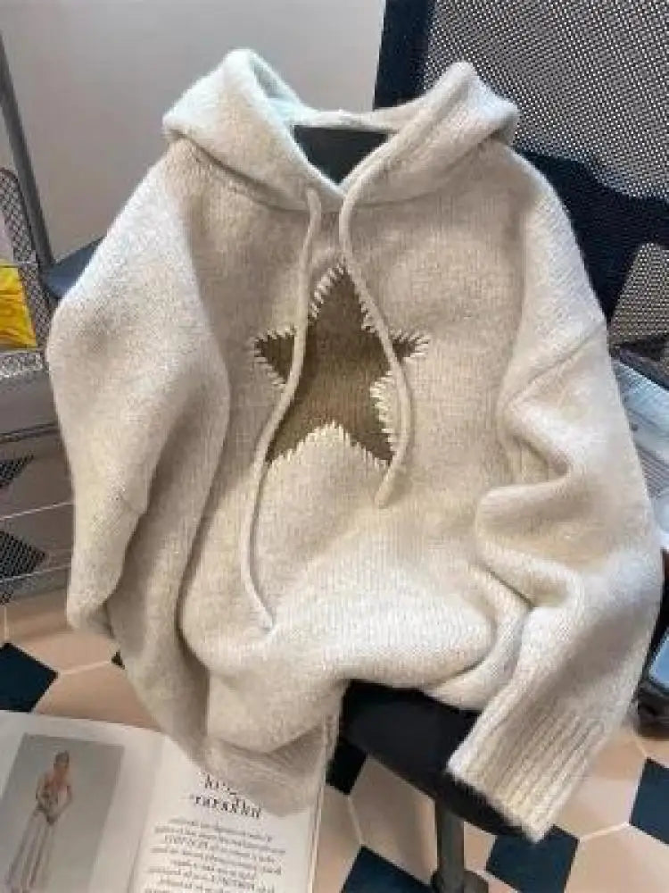 Korean Version Beige Gray Patchwork Drawstring Hoodie Sweater For Women Autumn Winter Thick Long Sleeved Knitted Pullover Tops