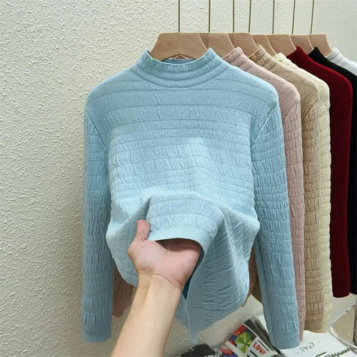 Load image into Gallery viewer, Autumn Winter Korean Fashion Solid Half Height Collar Velvet Knit Sweater Women Warm Long Sleeve Pullovers Tops Casual Popular
