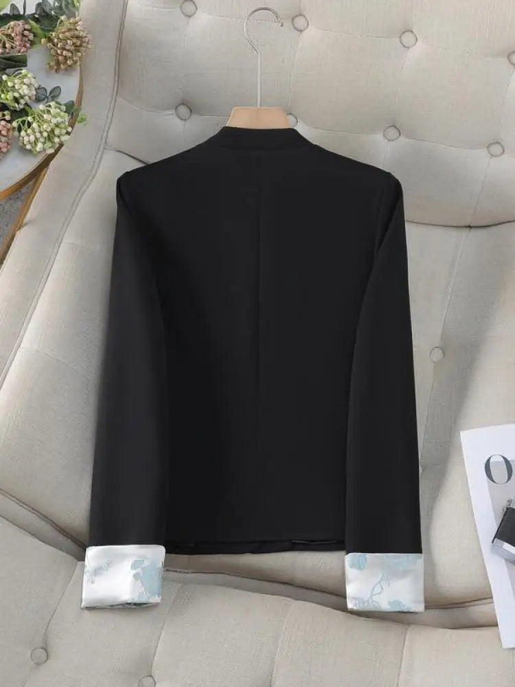 Vintage Fashion Temperament Elegant Patchwork Long Sleeve Jacket Women Festival Slim Cardigan Blazer Coat Clothing Spring Autumn