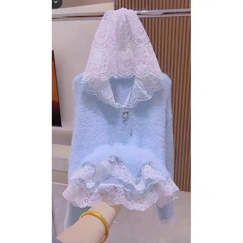 Load image into Gallery viewer, Autumn Winter Retro Patchwork Lace Hooded Elegant Warm Short Knitted Pullover Mink Sweater Women's Long Sleeved Tops Streetwear
