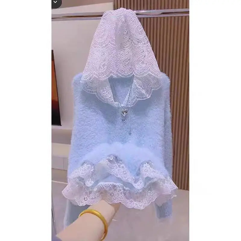 Autumn Winter Retro Patchwork Lace Hooded Elegant Warm Short Knitted Pullover Mink Sweater Women's Long Sleeved Tops Streetwear